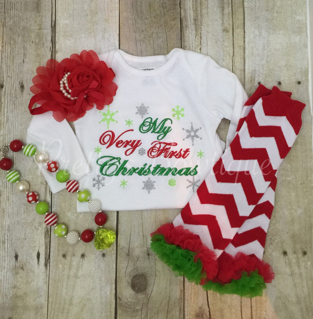My Very First Christmas Set Shirt, Legwarmers, Headband, and Necklace. - Pretty's Bowtique
