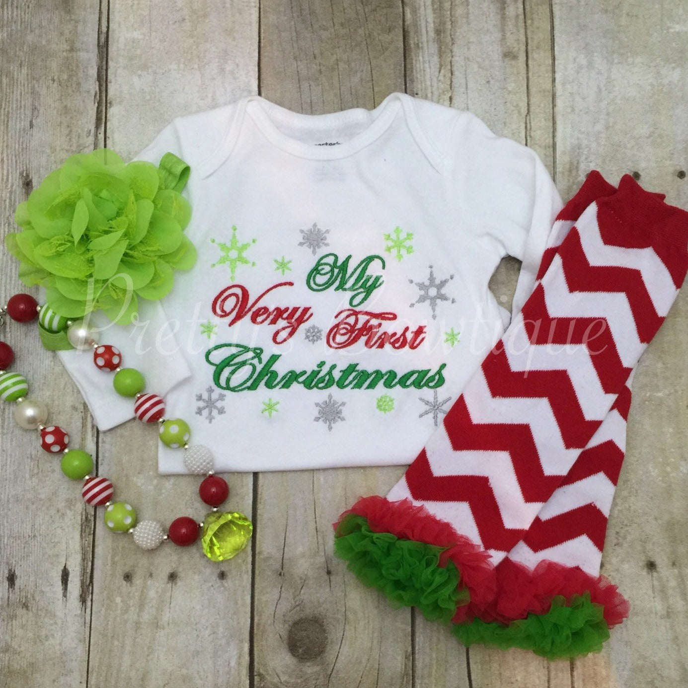 1st Christmas Outfit in Sizes Newborn to 2T Bodysuit or Shirt with Leg Warmers, Necklace and Headband