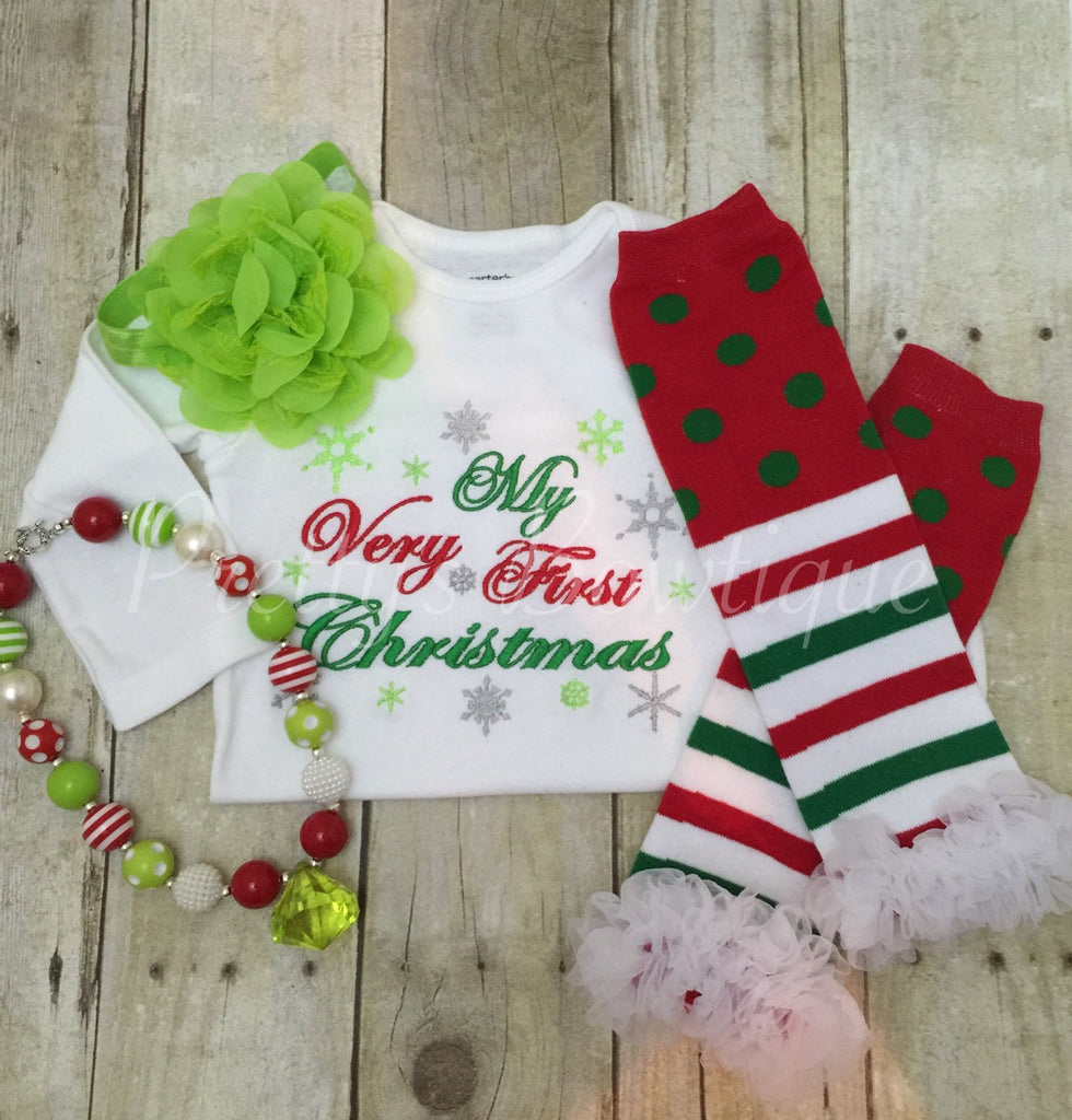 Baby girls 1st Christmas outfit - My Very First Christmas Set Shirt, Legwarmers, Headband, and Necklace - Pretty's Bowtique
