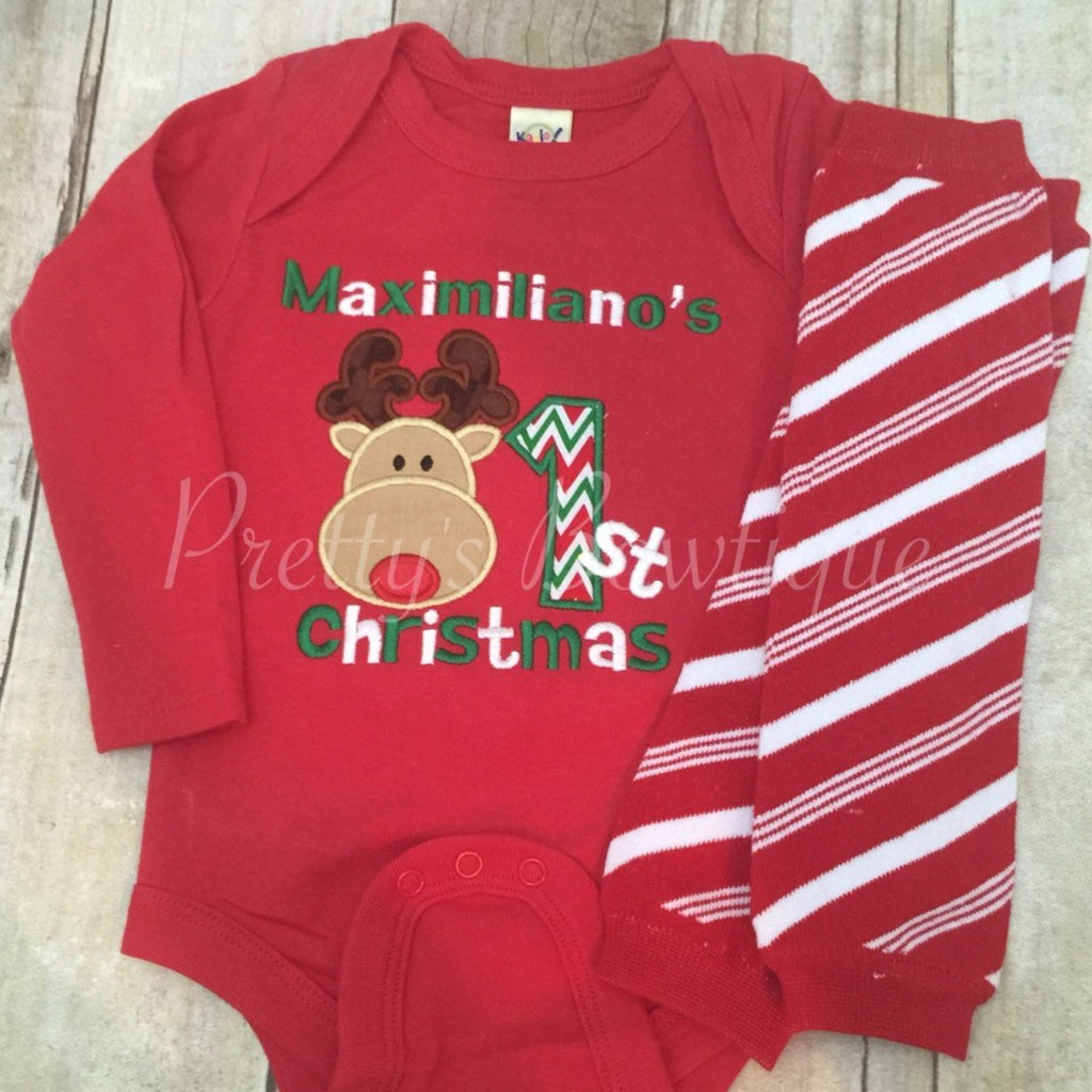 1st Christmas shirt or bodysuit set Red Reindeer 1st Christmas with legwarmers - Pretty's Bowtique
