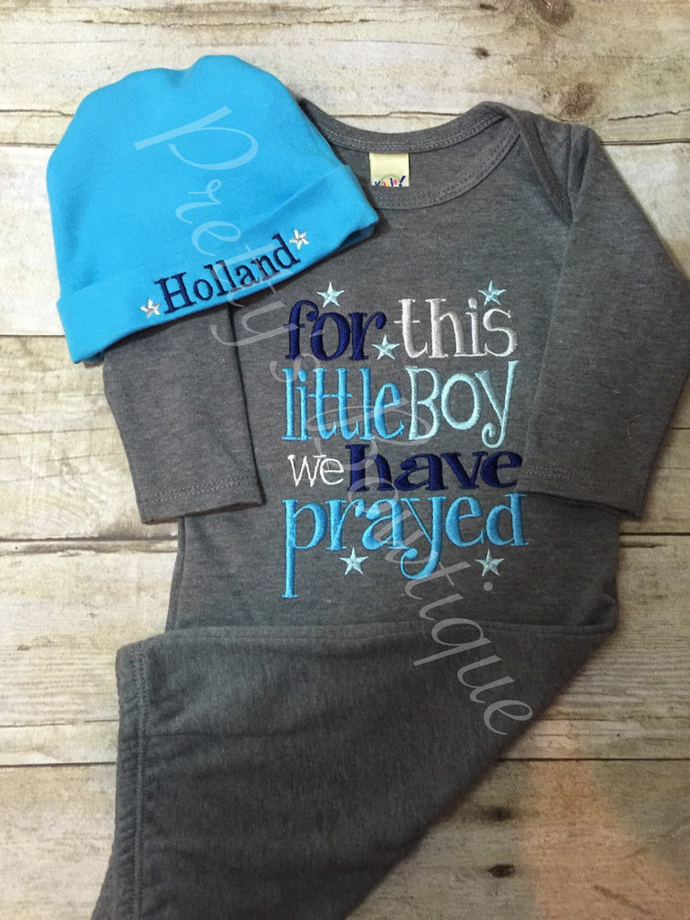 Newborn boy coming home outfit For this Little boy I or we have Prayed gown and hat -- take home outfit -- For this child I have prayed - Pretty's Bowtique