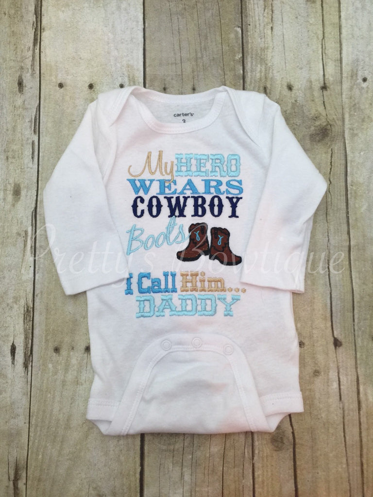 My hero wears cowboy boots shirt or bodysuit - Pretty's Bowtique