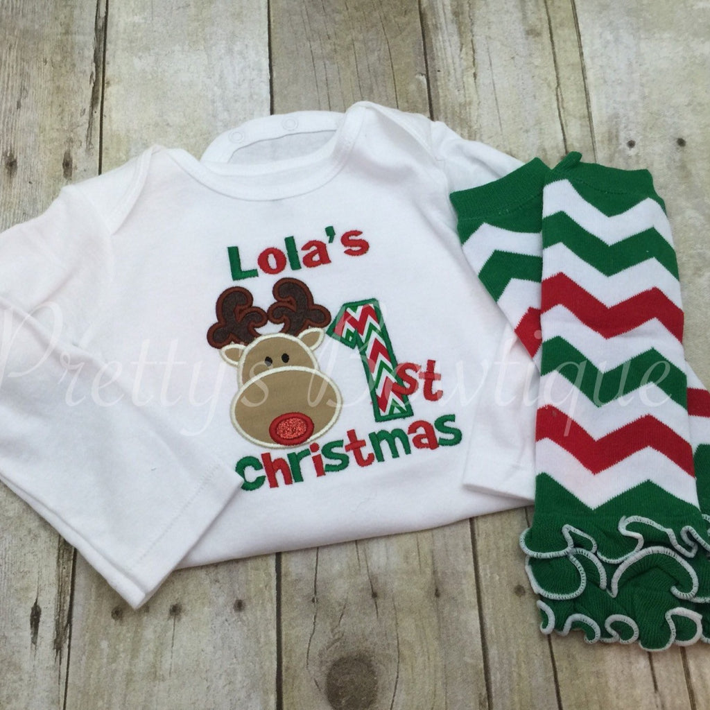 1st Christmas bodysuit or shirt can be Personalized - 1st Christmas Shirt -Babies 1st Christmas Shirt Reindeer Chevron and legwarmers - Pretty's Bowtique