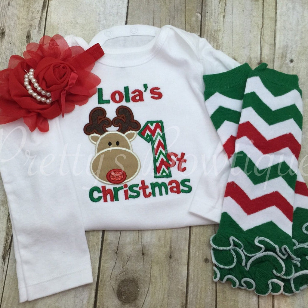 1st Christmas bodysuit or shirt Babies 1st Christmas Shirt Reindeer Chevron, headband, and legwarmers - Pretty's Bowtique