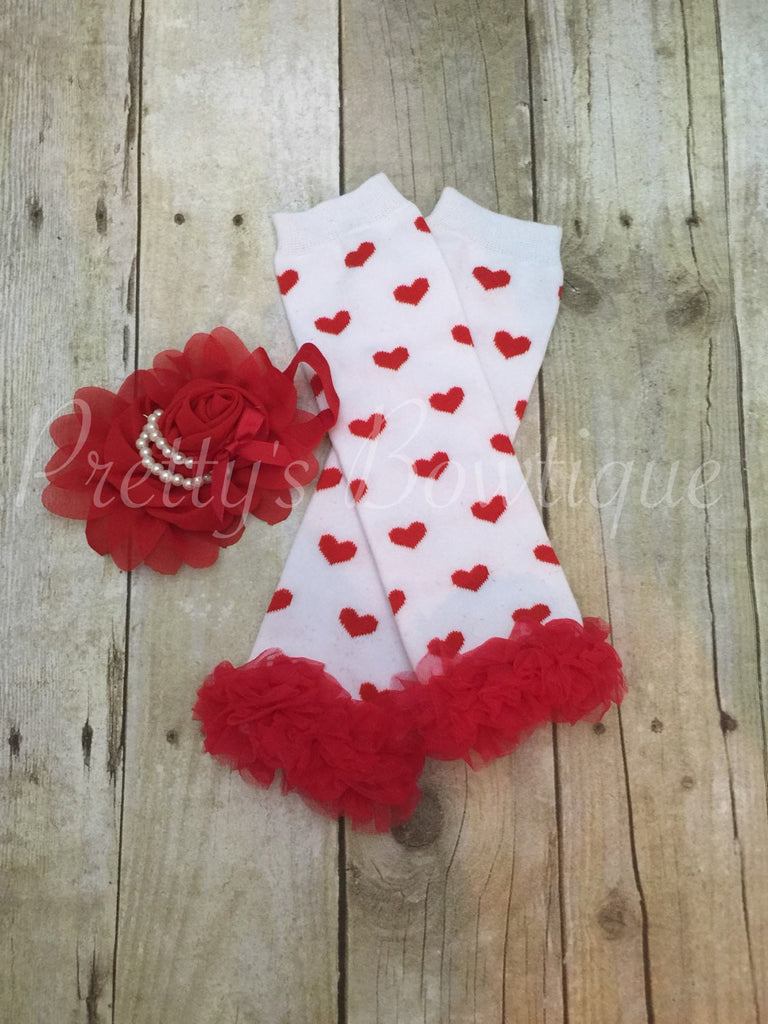 Hearts White and Red Valentine's legwarmers and headband - Pretty's Bowtique