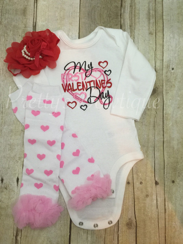 Baby girl my 1st Valentine's Shirt or bodysuit, headband, and legwarmers - Pretty's Bowtique