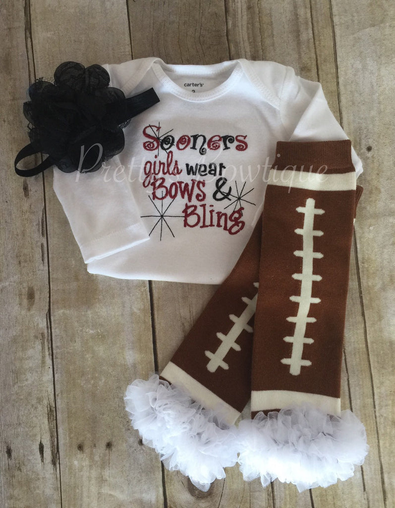 Oklahoma football outfit girls like bling bodysuits  set with ruffled football leg warmers and headband Sooners - Pretty's Bowtique