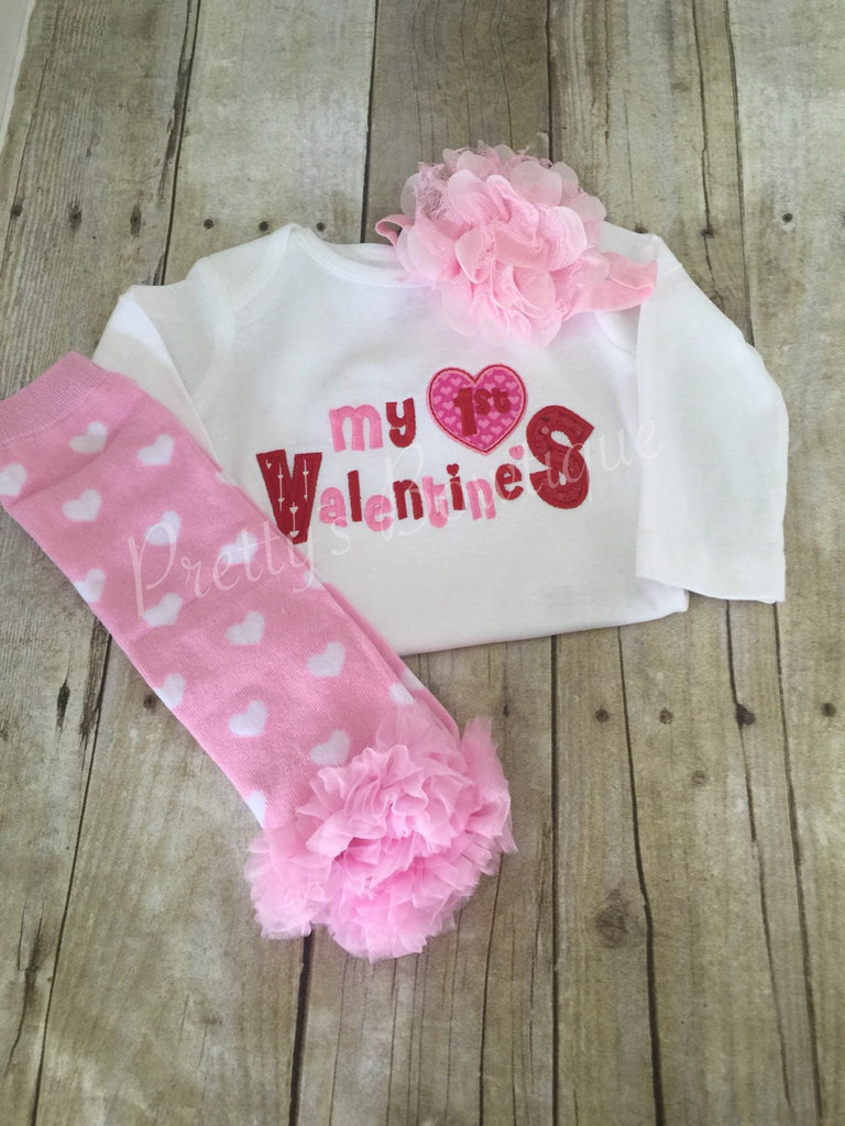 Adorable First Valentine's Day outfit headband, and legwarmers applique embroidery 1st Valentine's Day shirt~pink heart leg warmers - Pretty's Bowtique