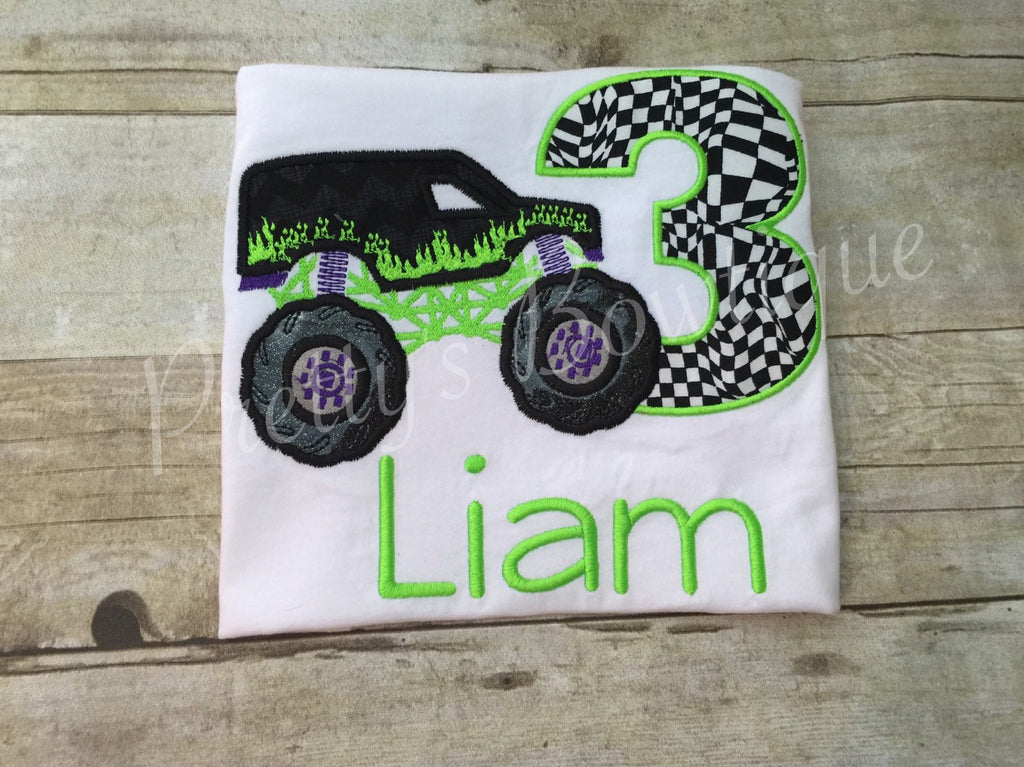 Monster Truck Birthday Shirt any age you can pick colors and fabrics - Pretty's Bowtique
