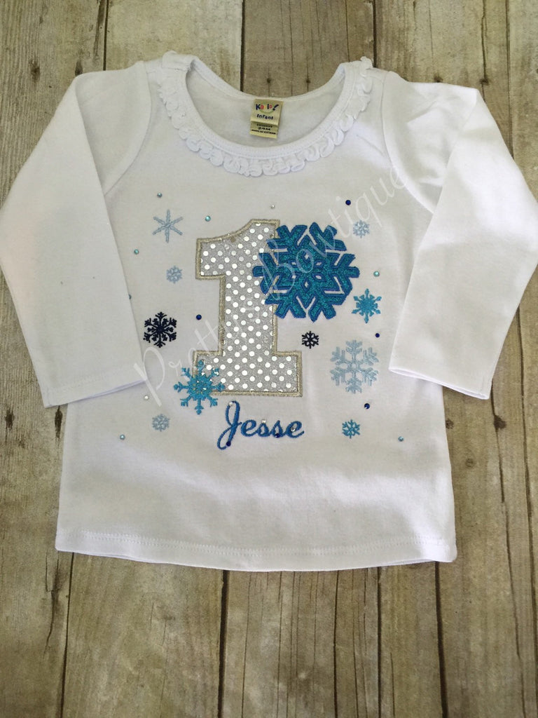 Blue Winter Wonderland birthday shirt custom Onerland Frozen bling - Pretty's Bowtique