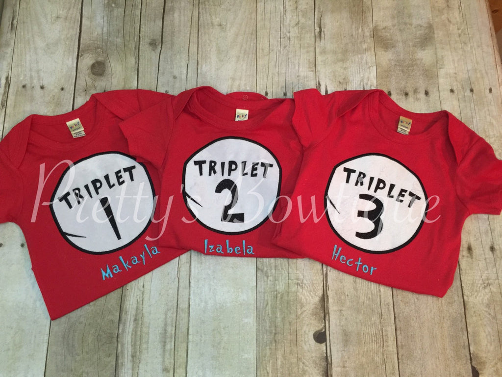 Triplet shirts -- Thing 1 Thing 2 Twin 1 Twin 2 Triplet 1 Triplet 2 Triplet 3 shirt can customize colors and wording - Pretty's Bowtique