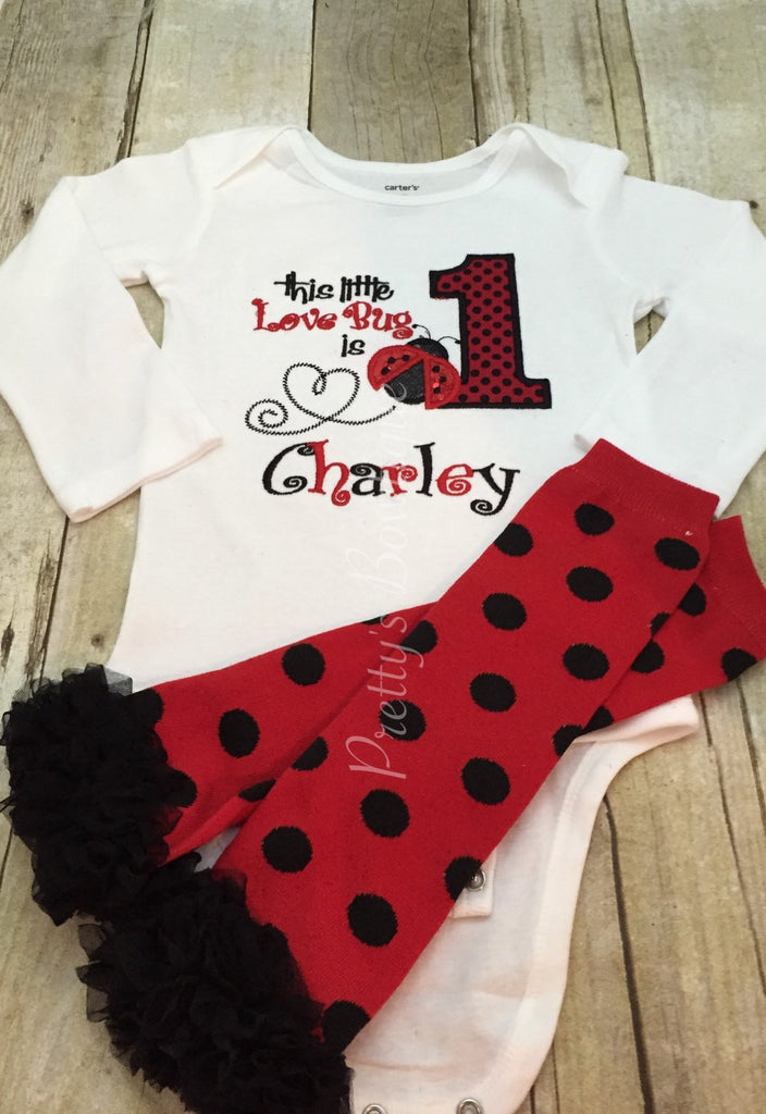 Lady bug birthday set shirt and legwarmers.  This little LOVE BUG is ONE ladybug birthday outfit - Pretty's Bowtique
