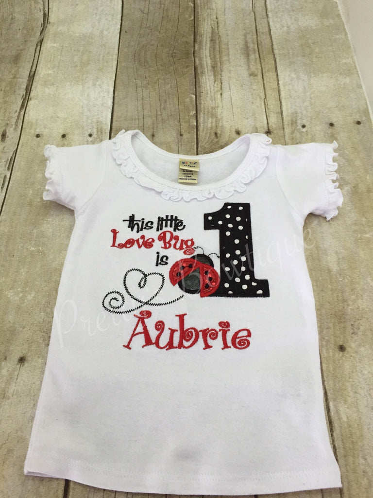 First Birthday lady bug shirt  Lady bug birthday shirt.  This little LOVE BUG is ONE ladybug birthday shirt - Pretty's Bowtique