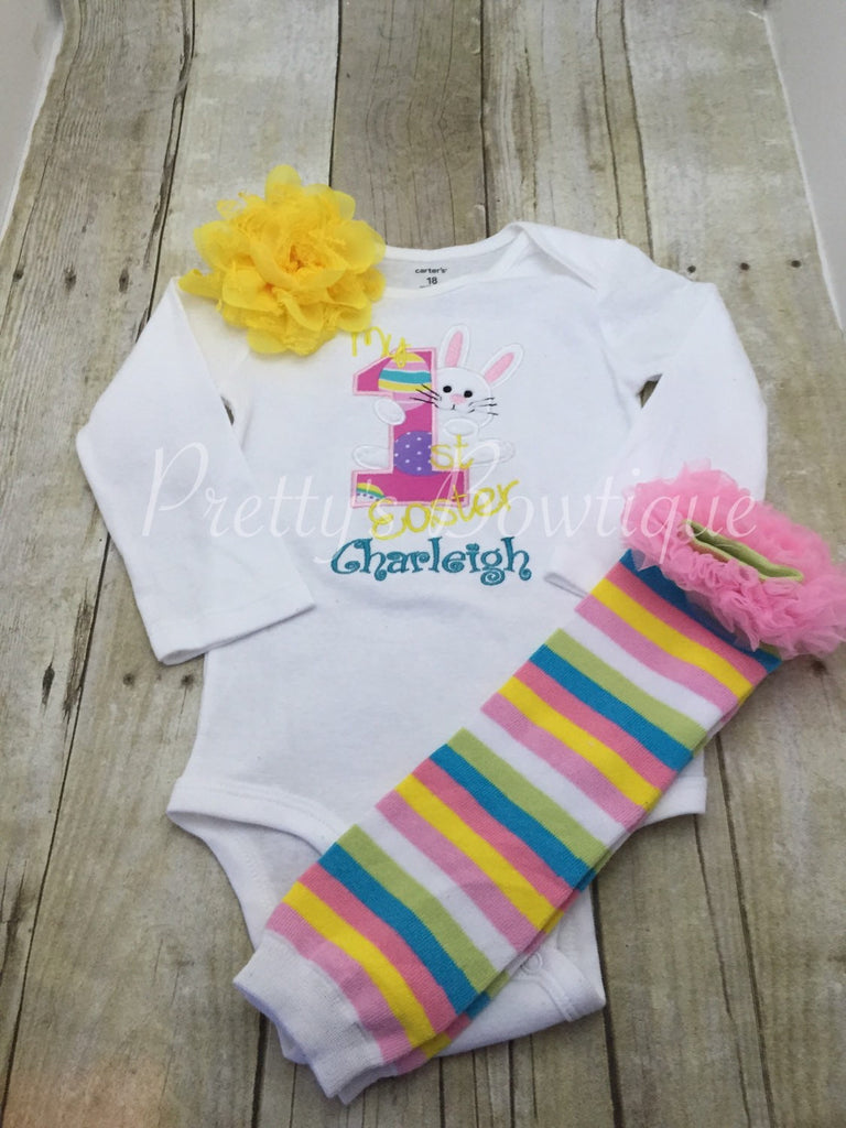 Girls 1st Easter outfit shirt or bodysuit, legwamers, and headband. Babies First Easter outfit shirt, headband, and legwamers - Pretty's Bowtique