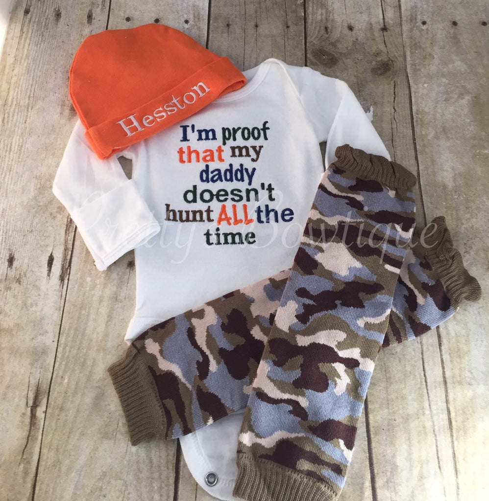 I'm proof that my DADDY doesn't hunt all the time bodysuit, leg warmers and hat.  Can customize colors - Pretty's Bowtique