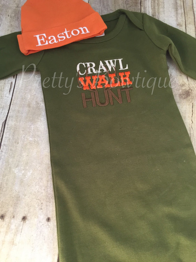 Crawl walk hunt newborn baby gown and matching orange cap. Coming home outfit ~baby shower gift can customize - Pretty's Bowtique