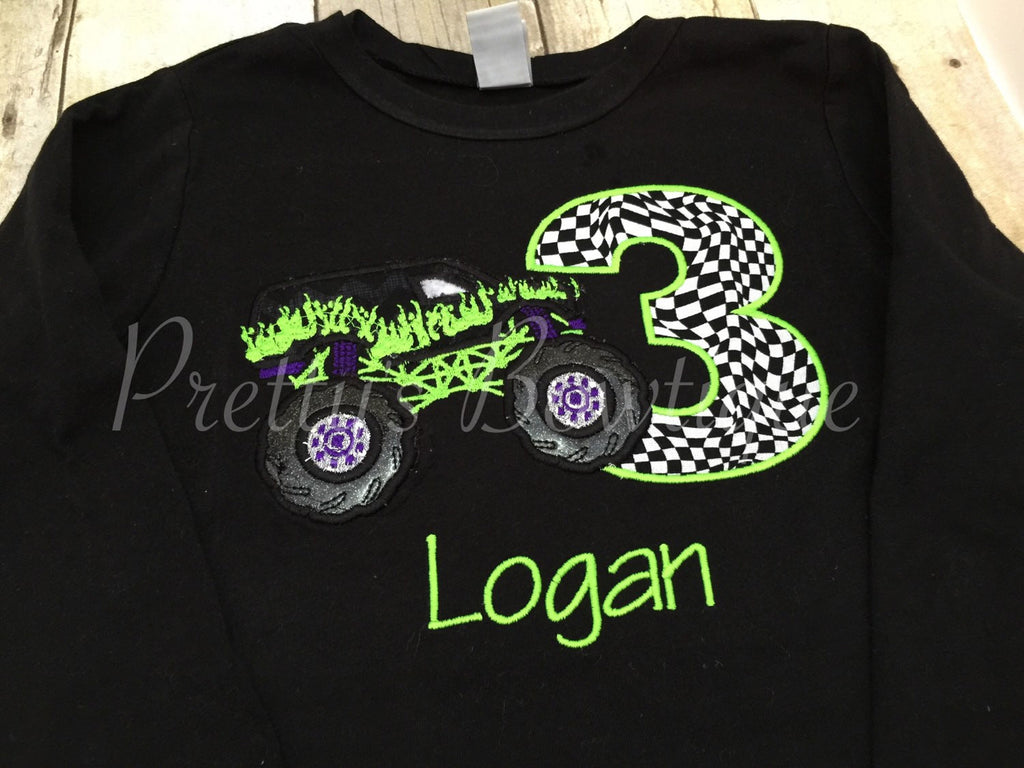 Monster Truck Birthday Shirt any age you can pick colors and fabrics - Pretty's Bowtique