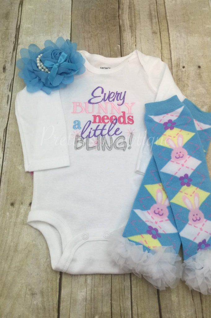Every Bunny needs a little bling Easter outfit shirt outifit First Easter outfit shirt, headband, and legwamers - Pretty's Bowtique