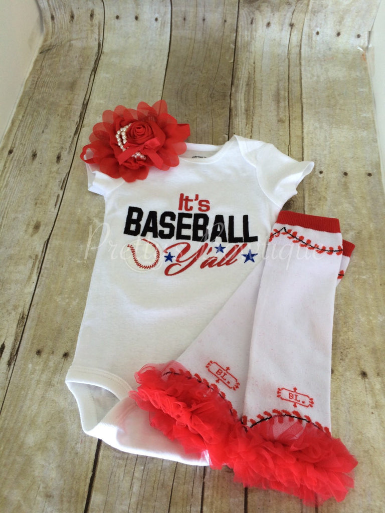 Baseball outfit. It's Baseball Y'all baseball bodysuit, leg warmers and headband.   Can customize colors - Pretty's Bowtique