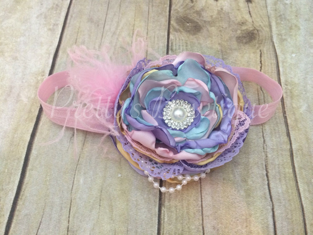 Spring Easter pastel flower headband. Glam Petal Flower with choice of petal colors on a lace headband - Pretty's Bowtique