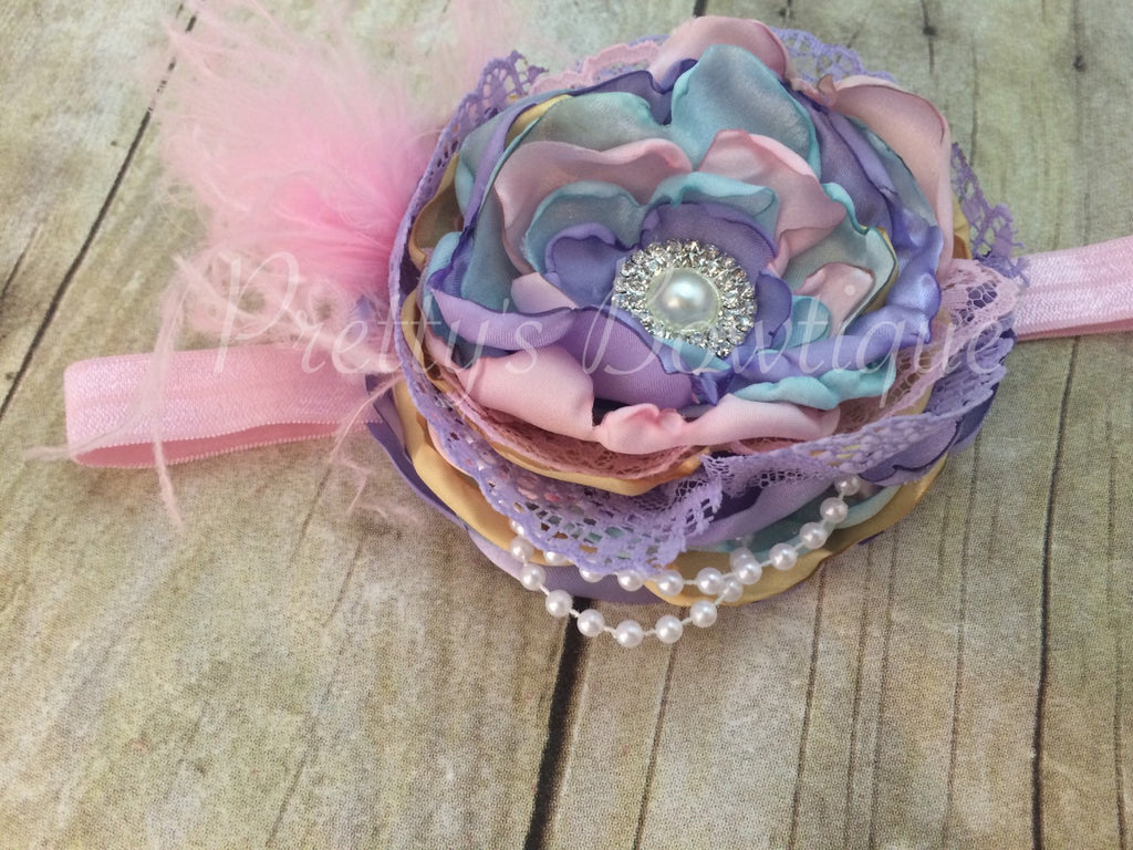 Spring Easter pastel flower headband. Glam Petal Flower with choice of petal colors on a lace headband - Pretty's Bowtique
