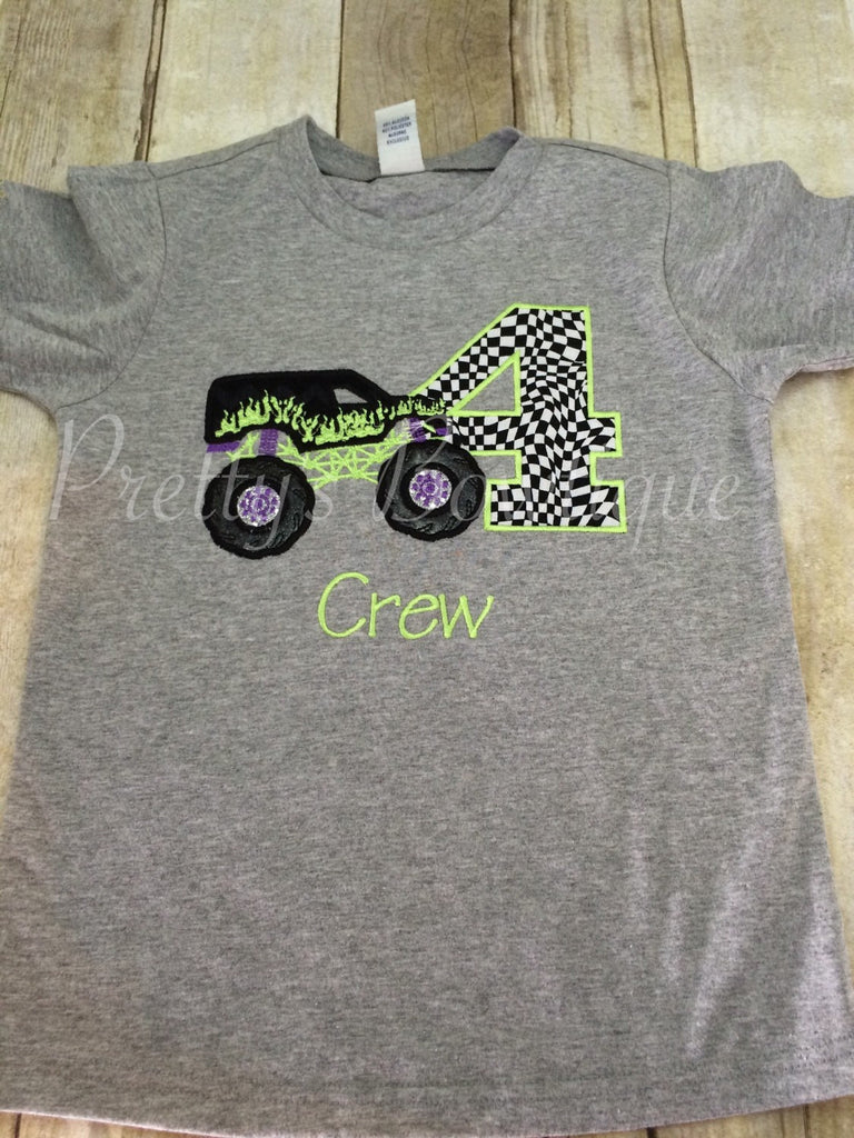 Monster Truck Birthday Shirt any age you can pick colors and fabrics - Pretty's Bowtique