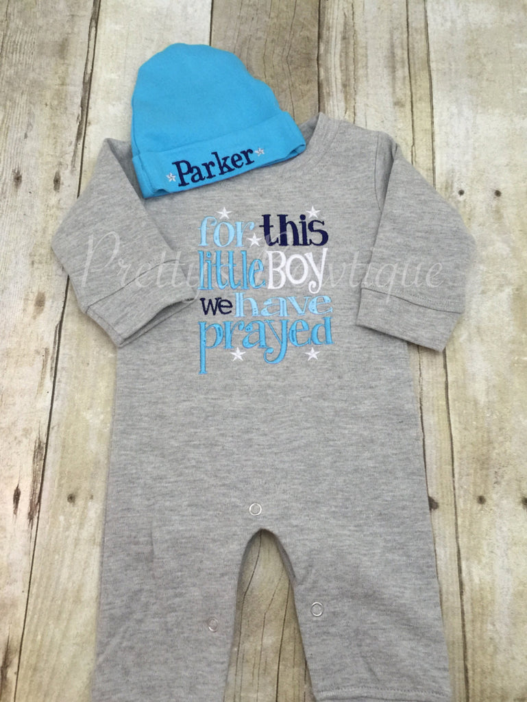 Newborn Baby Romper Outfit -- Grey Infant Boy Romper -- For This Little Boy I or We Have Prayed - Baby Shower Gift -Personalized Hat - Pretty's Bowtique