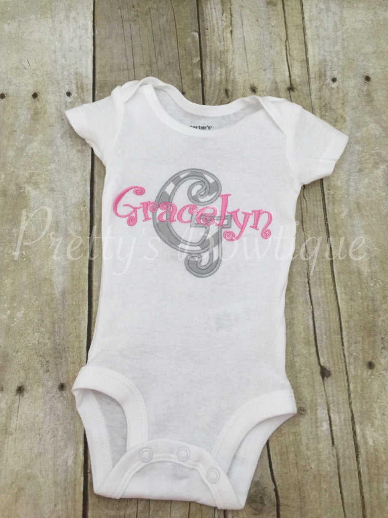 Initial Personalized Bodysuit or Shirt.  Can be customized to other color combos.  Newborn and up - Pretty's Bowtique