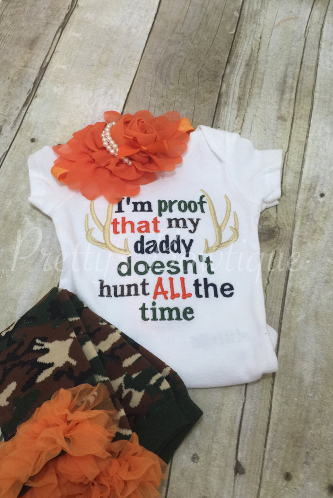 I'm proof that my DADDY doesn't hunt all the time bodysuit, leg warmers and headband.  Can customize colors - Pretty's Bowtique