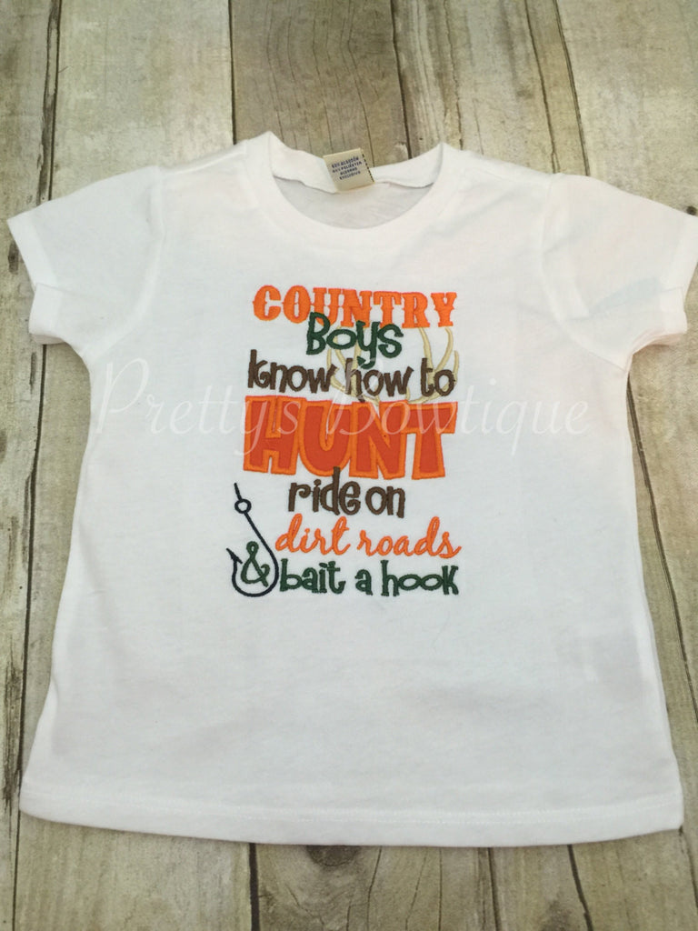 Country boys know how to hunt ride on dirt roads & bait a hook bodysuit or shirt.  Can customize colors and wording - Pretty's Bowtique