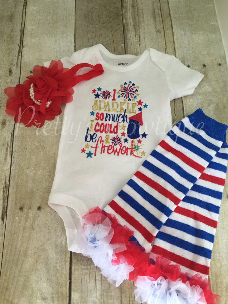 I sparkle so much I could be a firework 4th of July outfit 3 piece set Fourth of July bodysuit or shirt, stripes legwarmers, and headband - Pretty's Bowtique