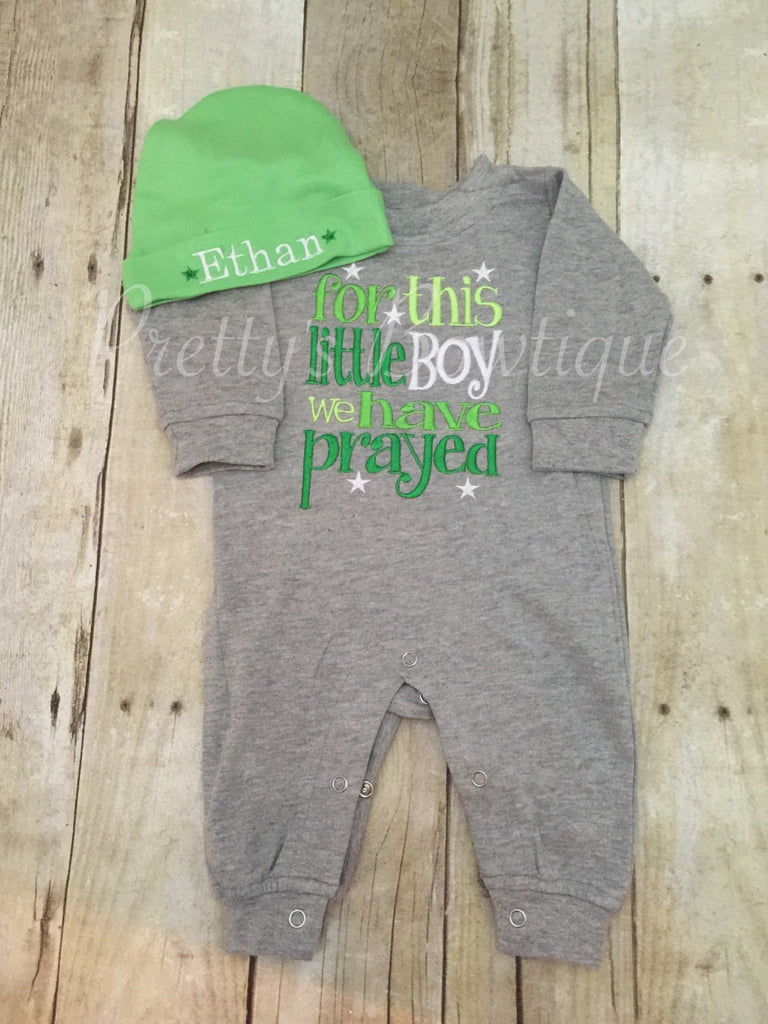 Baby Boy Coming home outfit -- For this Little BOY I or WE have Prayed one piece romper with matching beanie - Pretty's Bowtique