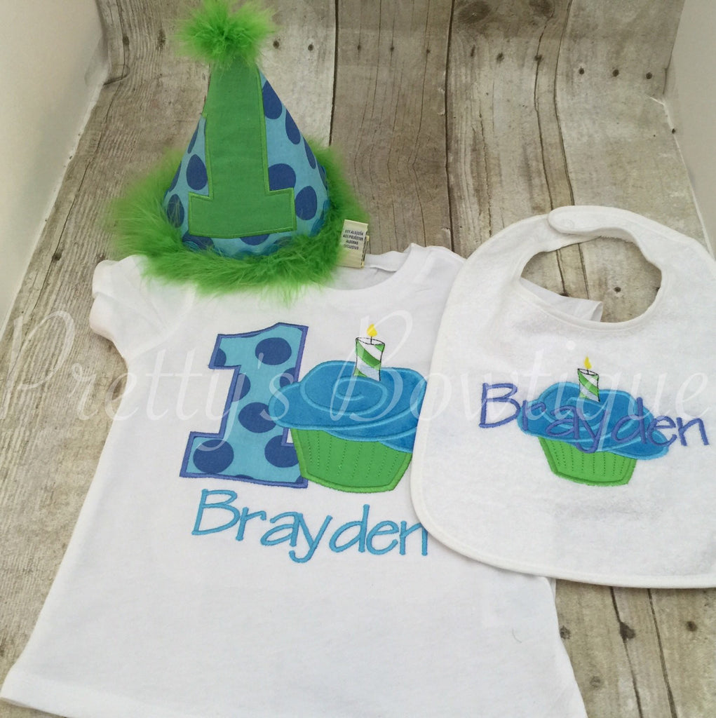Boys 1st Birthday cupcake party hat shirt or onepiece , and bib. Can customize - Pretty's Bowtique