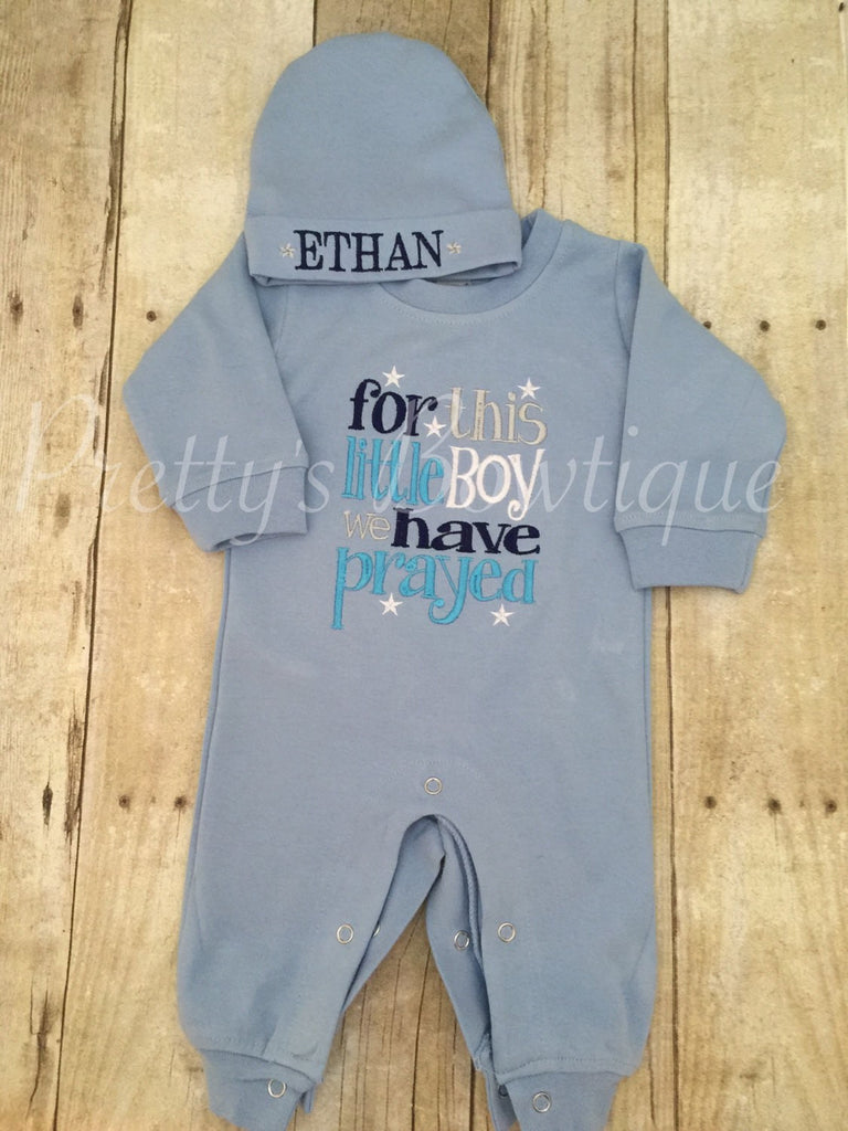 Forthis Little Boy I or WE have Prayed one piece romper with matching beanie - Pretty's Bowtique