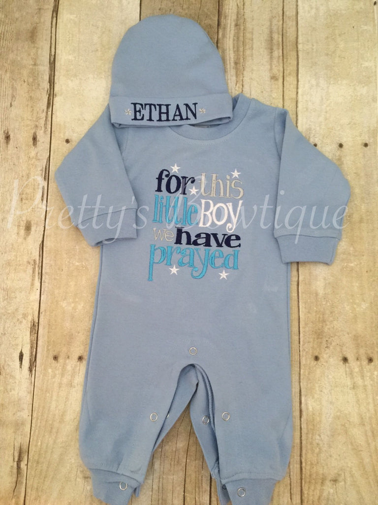 Forthis Little Boy I or WE have Prayed one piece romper with matching beanie - Pretty's Bowtique