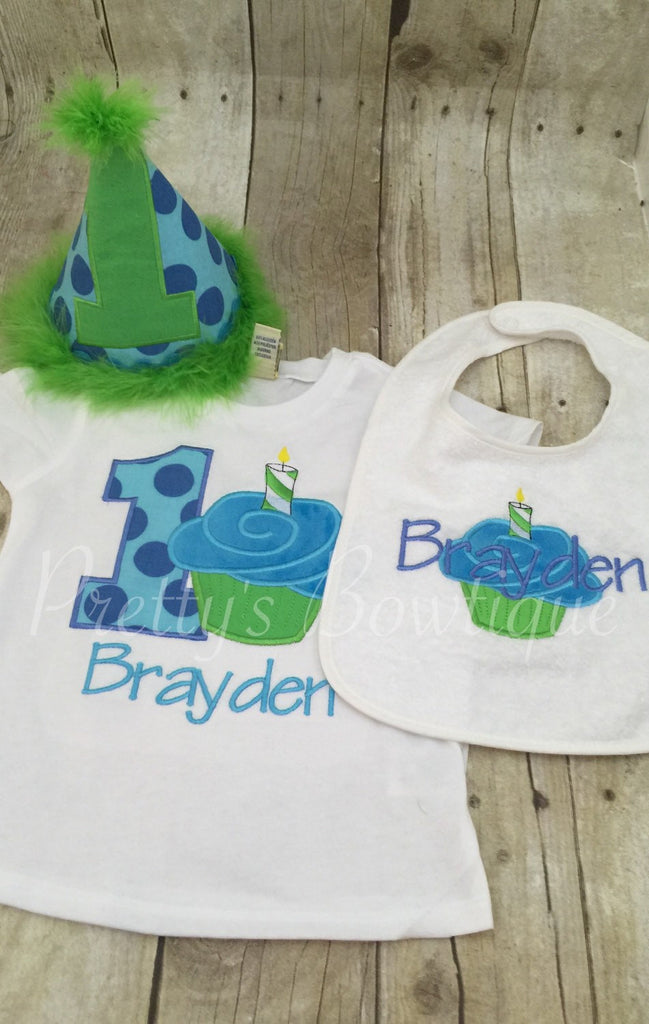 Boys 1st Birthday cupcake party hat shirt or onepiece , and bib. Can customize - Pretty's Bowtique