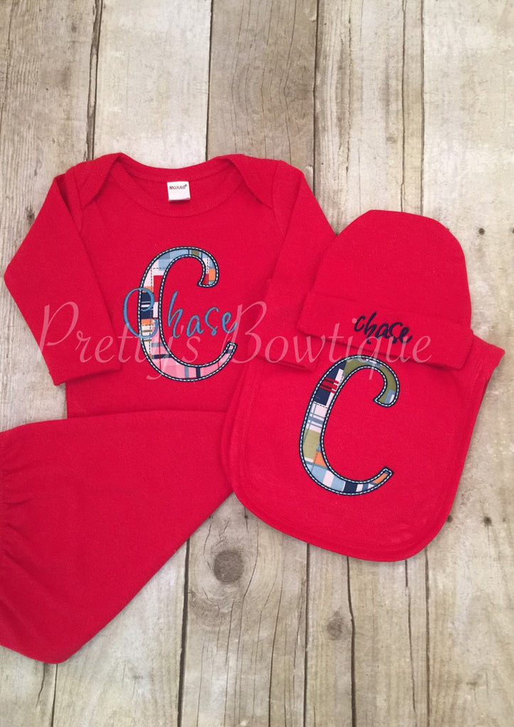 Newborn boy coming home outfit - Initial name newborn gown, burp cloth and hat. Hospital outfit or perfect coming home set - Pretty's Bowtique
