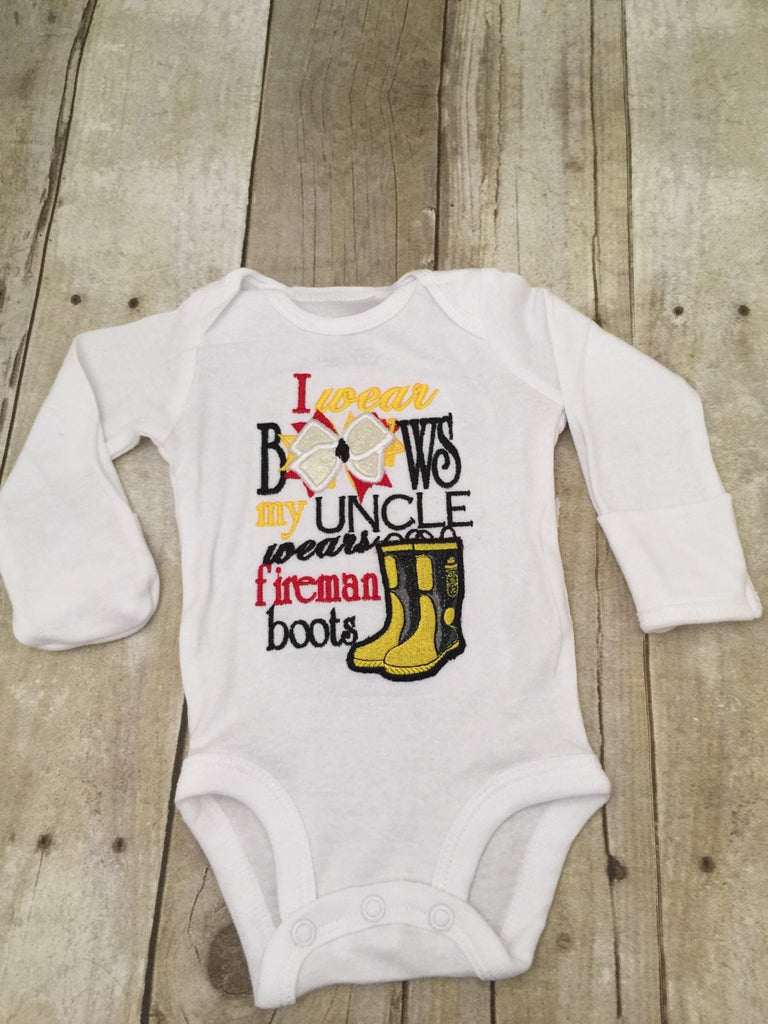 I wear bows my daddy wears FIREMAN Boots.  Can customize for grandpa•mom•uncle•etc「2pc set」 - Pretty's Bowtique