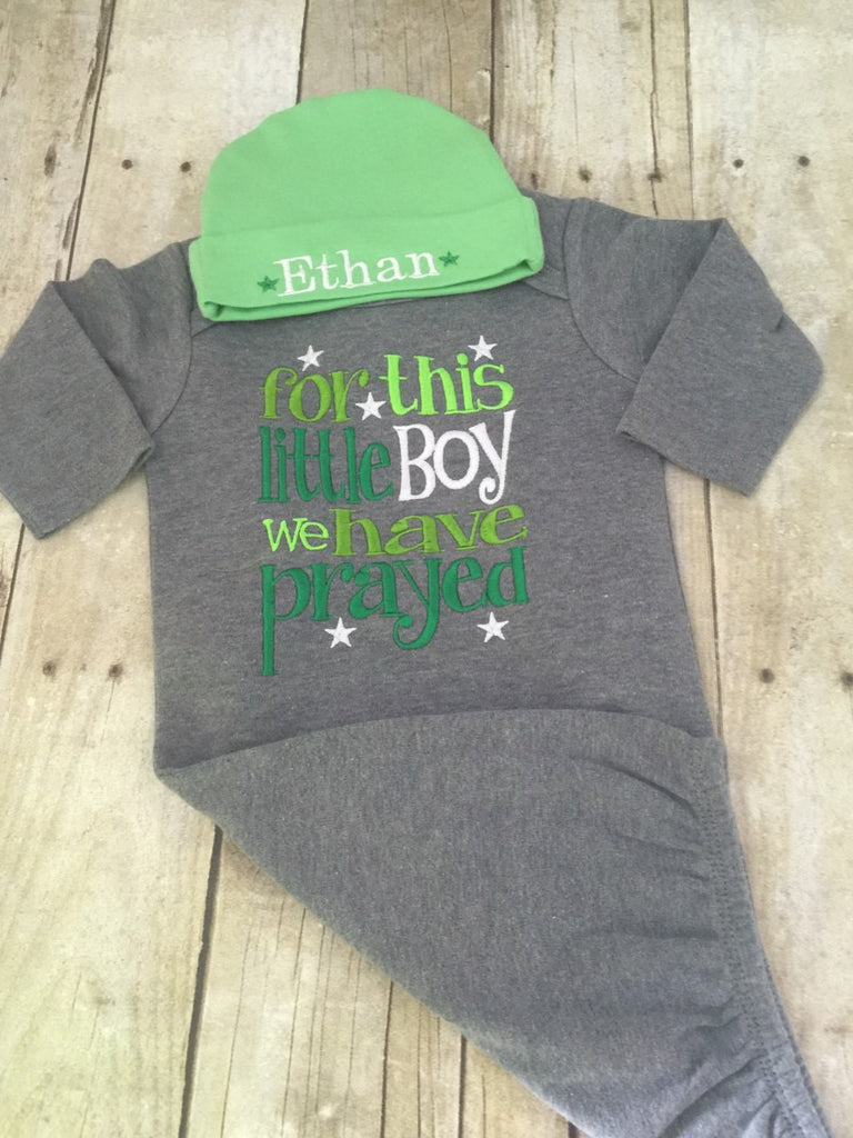 For this little boy we have prayed coming home outfit -- Newborn boy coming home outfit -- For this Little boy I have Prayed gown and cap - Pretty's Bowtique