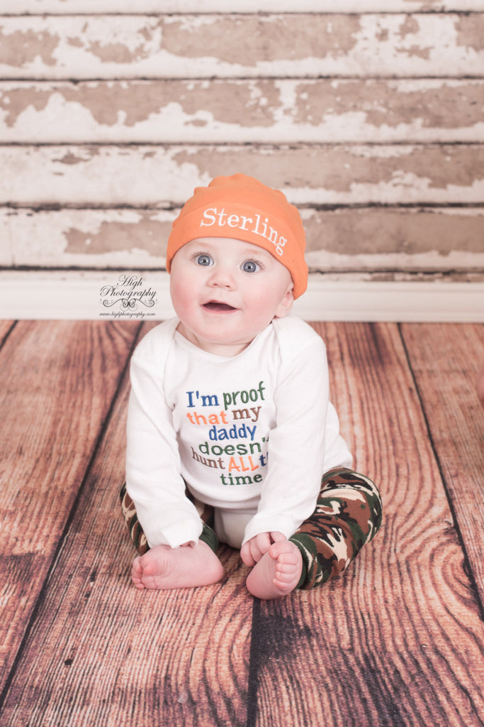 I'm proof that my DADDY doesn't hunt all the time bodysuit, leg warmers and hat.  Can customize colors - Pretty's Bowtique