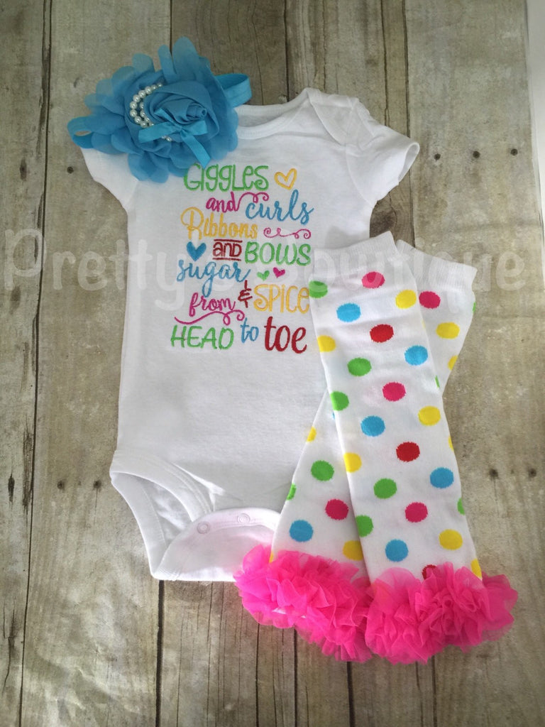 Giggles and curls Ribbons and bows sugar and spice from head to toe  Bodysuit or shirt, legwarmers, and  headband Set can be customized - Pretty's Bowtique