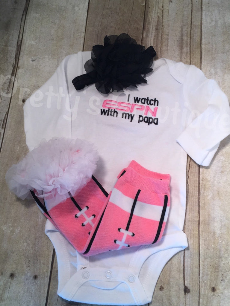 I watch ESPN with Poppa / Papa bodysuit or Shirt for babies, toddler, and children. Set w leg warmer and bow - Pretty's Bowtique