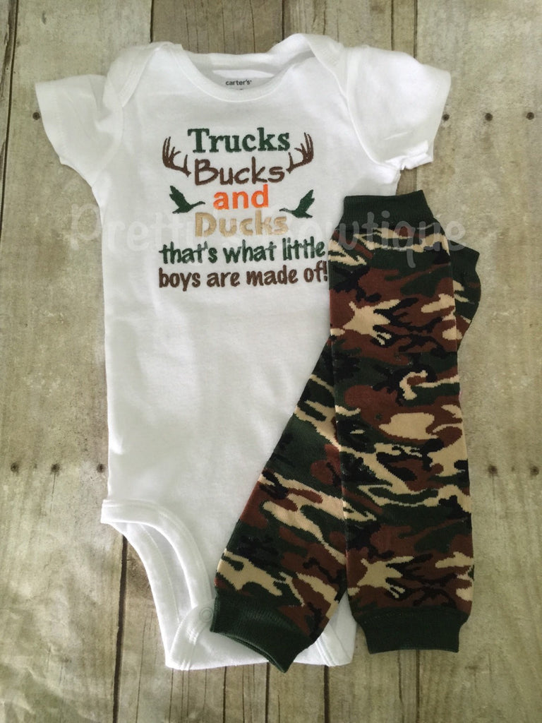 Trucks Bucks and Ducks that's what little boys are made of body suit and camo leg warmers camo-deer-hunting-little hunter - Pretty's Bowtique