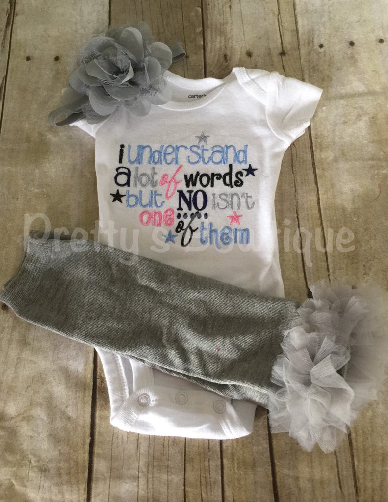 I understand a lot of words but no isn't one of them Bodysuit or shirt and headband, legwarmers little girl - Pretty's Bowtique