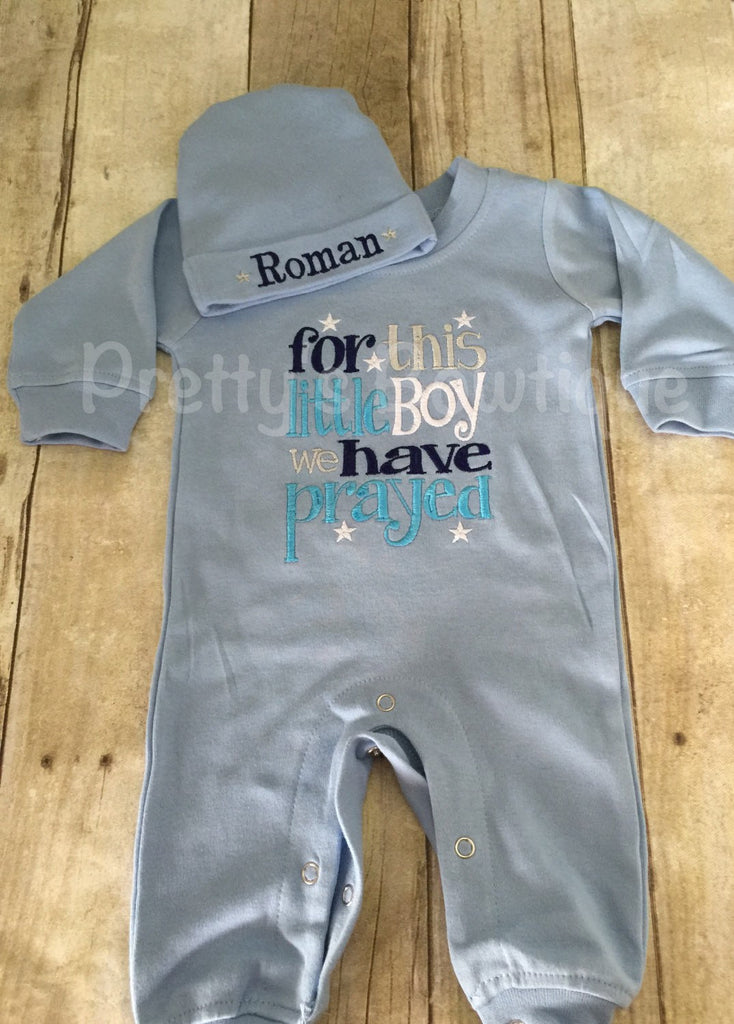 Forthis Little Boy I or WE have Prayed one piece romper with matching beanie - Pretty's Bowtique