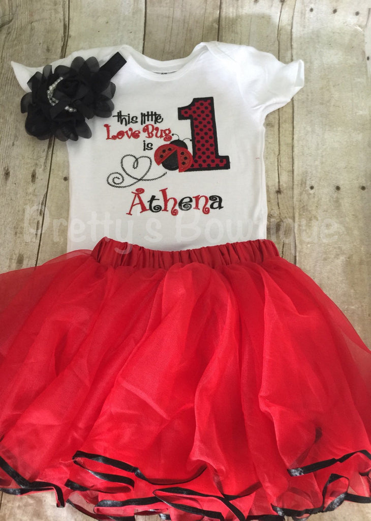 Lady bug birthday set body suit or shirt, Petti Skirt Tutu, and headband.  This little LOVE BUG is ONE ladybug birthday outfit - Pretty's Bowtique