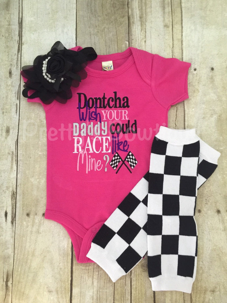 Dontcha wish your daddy could race like mine? bodysuit, leg warmers and headband.  Can customize colors - Pretty's Bowtique