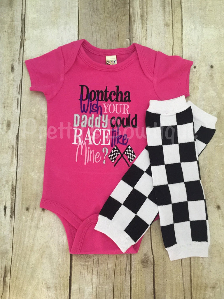 Dontcha wish your daddy could race like mine? bodysuit and legwarmers.  Can customize colors - Pretty's Bowtique