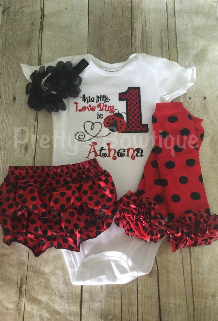 Girls Lady bug birthday set body suit or shirt, bloomers, headband and legwarmers.  This little LOVE BUG is ONE ladybug birthday outfit - Pretty's Bowtique