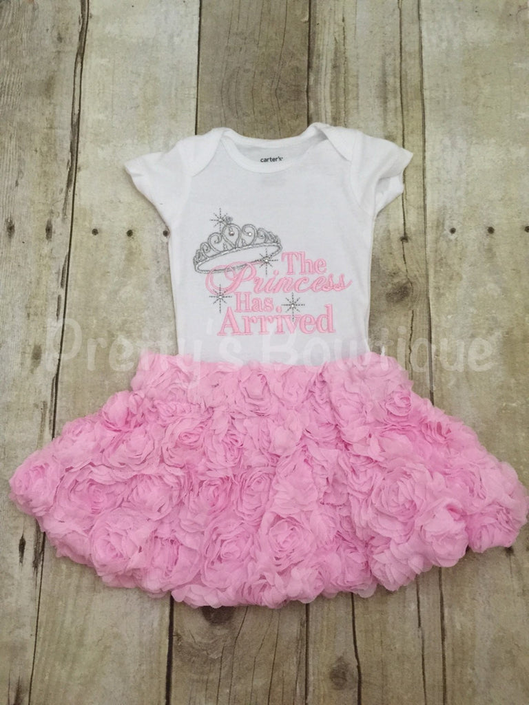Baby Girl Coming home outfit-- The Princess has arrived shirt or bodysuit, hat  and skirt -- Princess has Arrived - Pretty's Bowtique